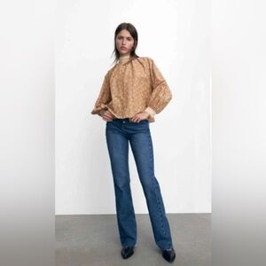 NWT Zara Midnight Macaroon Floral Peasant Blouse Size XS Latte